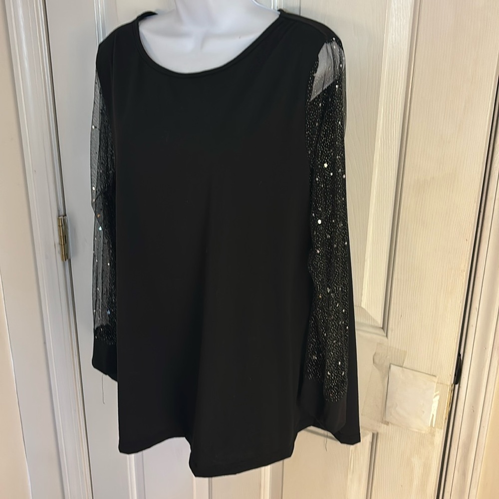 NWOT black top with sheer sparkle sleeves